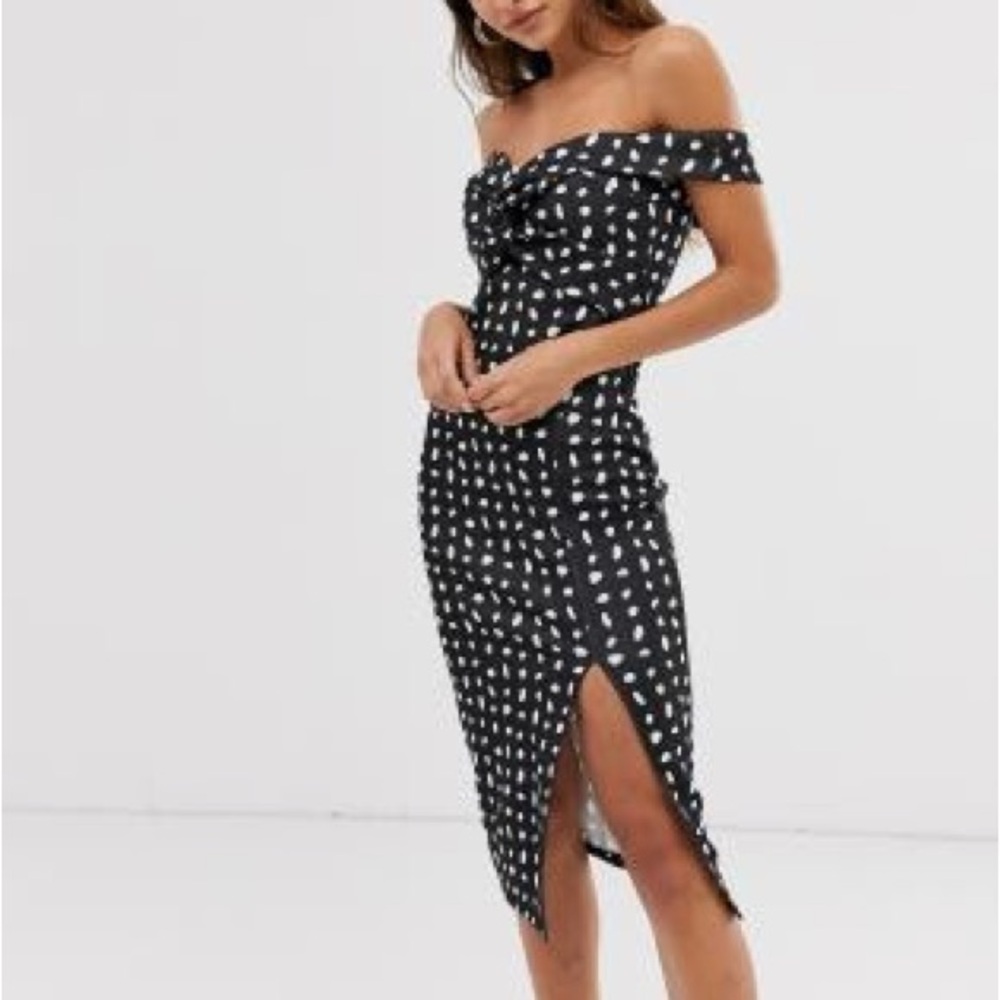 NWT ASOS Black & White Polka Dot Strapless Midi Dress with Slit